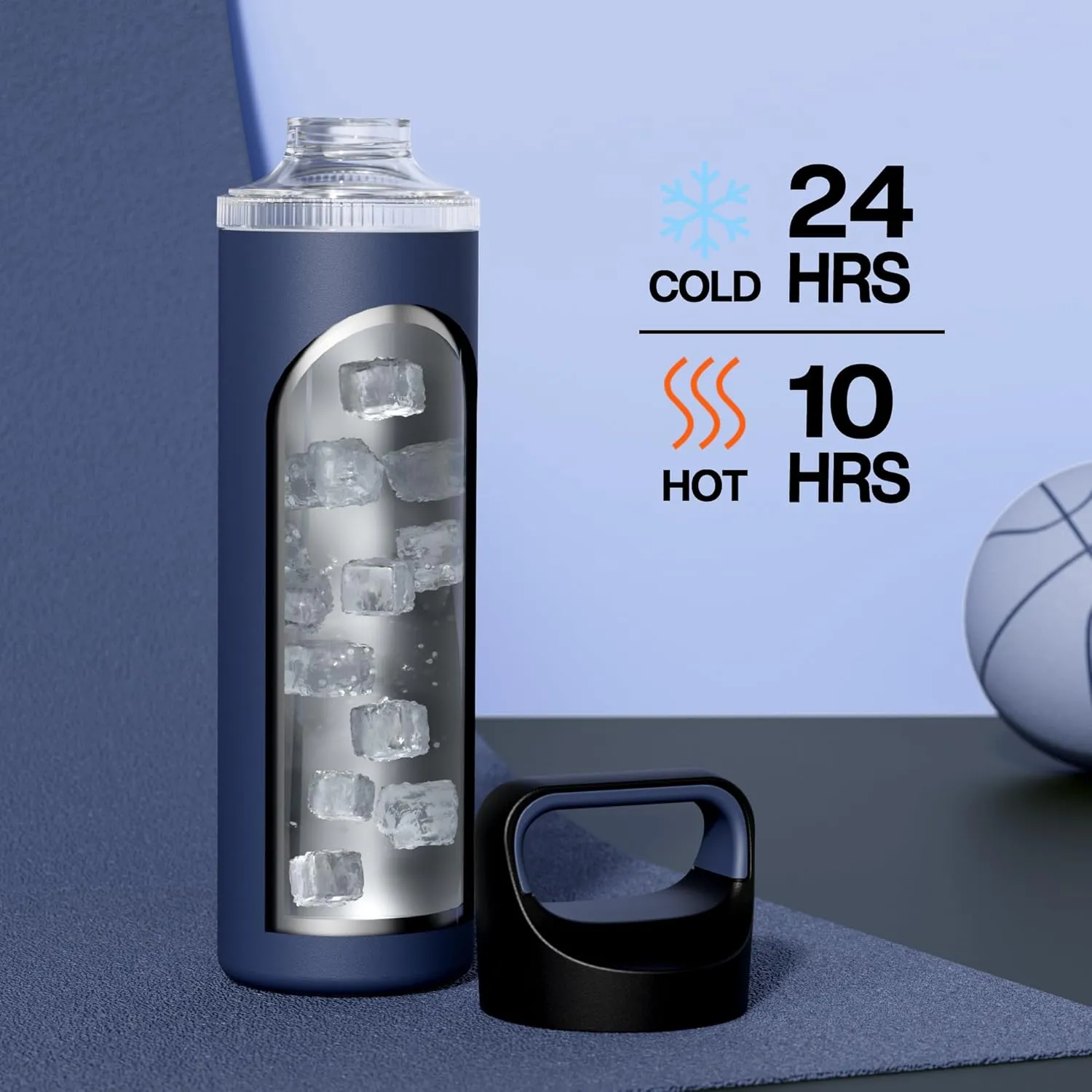 24 oz Insulated Water Bottle for Gym: 3 Lids, Leakproof, Keep Cold 24H, Car Cupholder Friendly, Stainless Steel Water Flask with Straw and Spout Caps for Sports, School, Work, Cycling (Navy Blue)