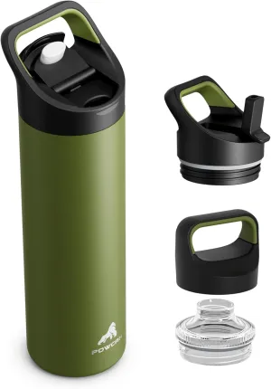 24 oz Insulated Water Bottle for Travel: 3 Lids, Leakproof, Keep Cold 24H, Car Cupholder Friendly, Stainless Steel Water Flask with Straw and Spout Caps for Sports, Gym, School, Cycling (Forest Green)