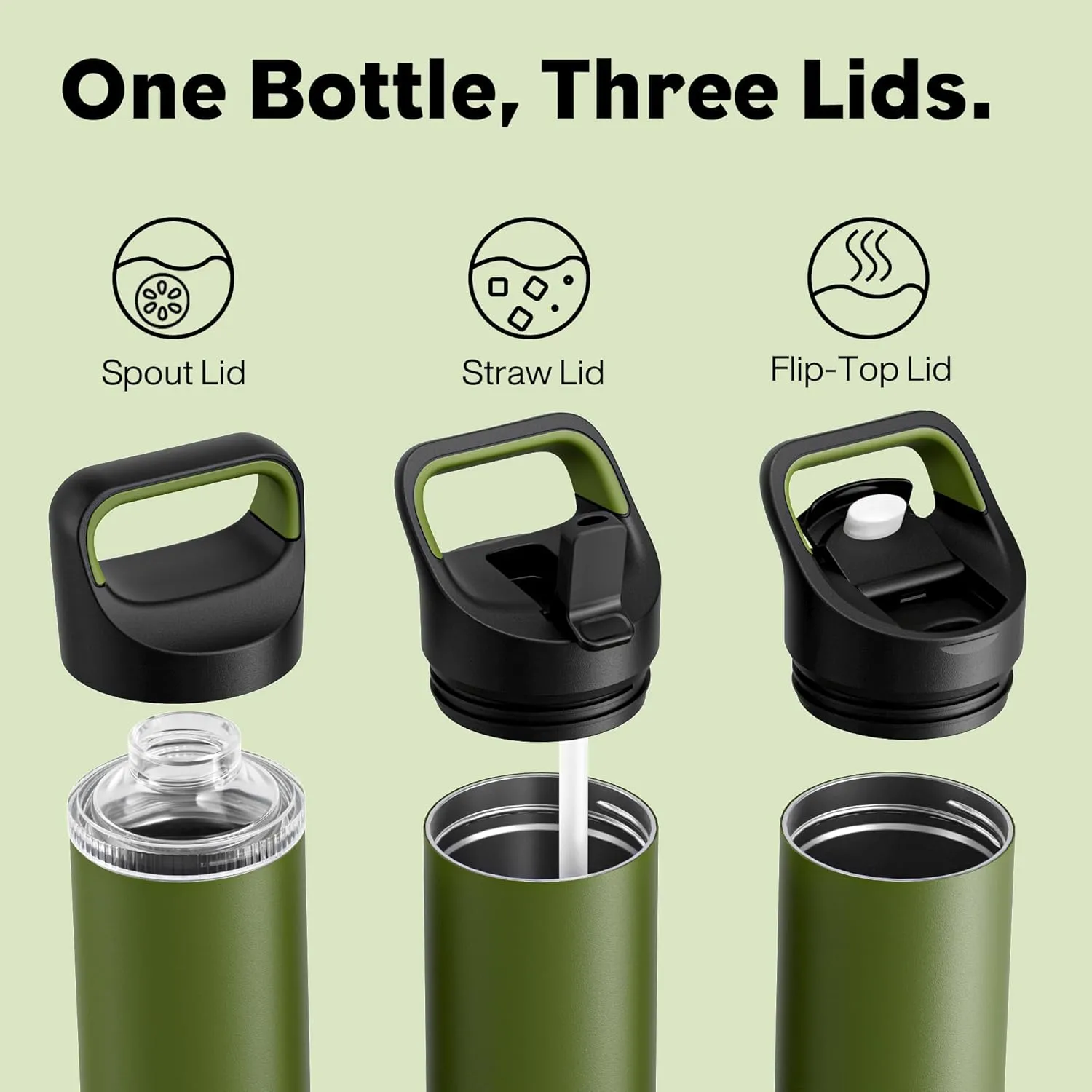 24 oz Insulated Water Bottle for Travel: 3 Lids, Leakproof, Keep Cold 24H, Car Cupholder Friendly, Stainless Steel Water Flask with Straw and Spout Caps for Sports, Gym, School, Cycling (Forest Green)