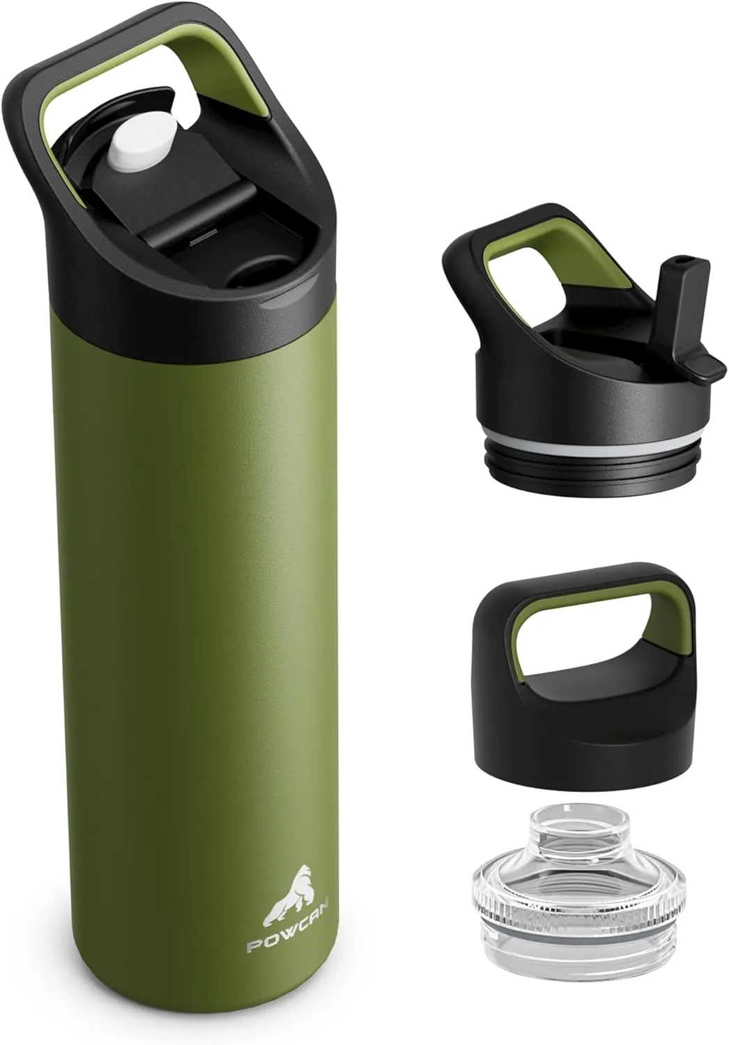 24 oz Insulated Water Bottle for Travel: 3 Lids, Leakproof, Keep Cold 24H, Car Cupholder Friendly, Stainless Steel Water Flask with Straw and Spout Caps for Sports, Gym, School, Cycling (Forest Green)