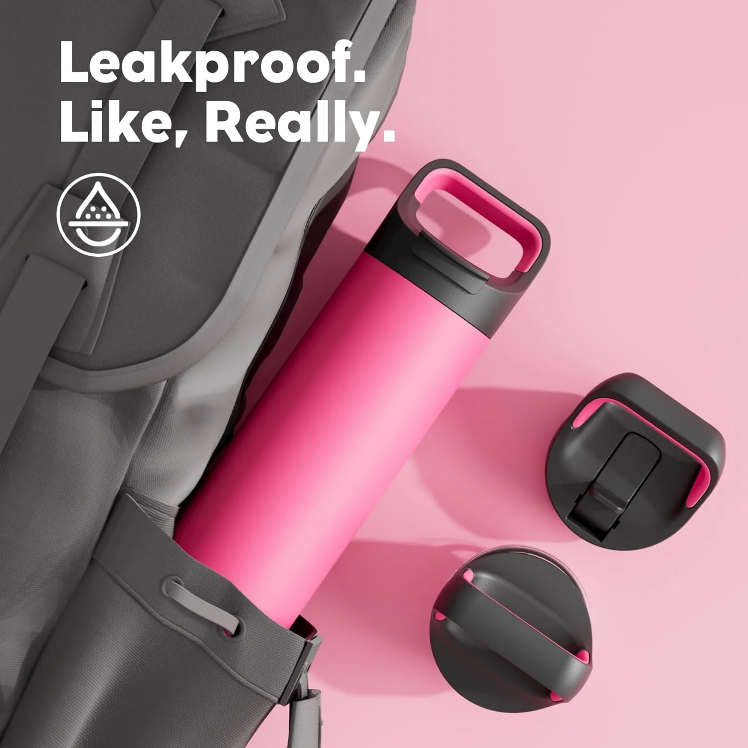 24 oz Insulated Water Bottle for Work: 3 Lids, Leakproof, Keep Cold 24H, Car Cupholder Friendly, Stainless Steel Water Flask with Straw and Spout Caps for Sports, Gym, School, Cycling (Tropical Pink)