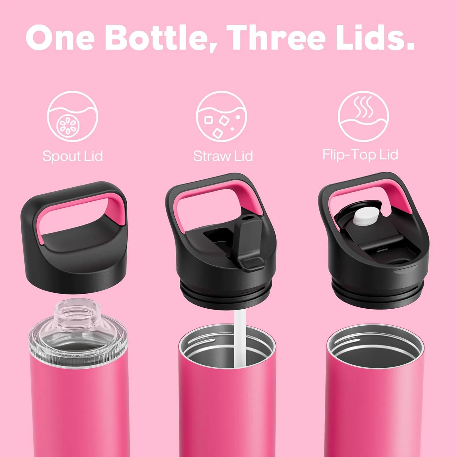 24 oz Insulated Water Bottle for Work: 3 Lids, Leakproof, Keep Cold 24H, Car Cupholder Friendly, Stainless Steel Water Flask with Straw and Spout Caps for Sports, Gym, School, Cycling (Tropical Pink)