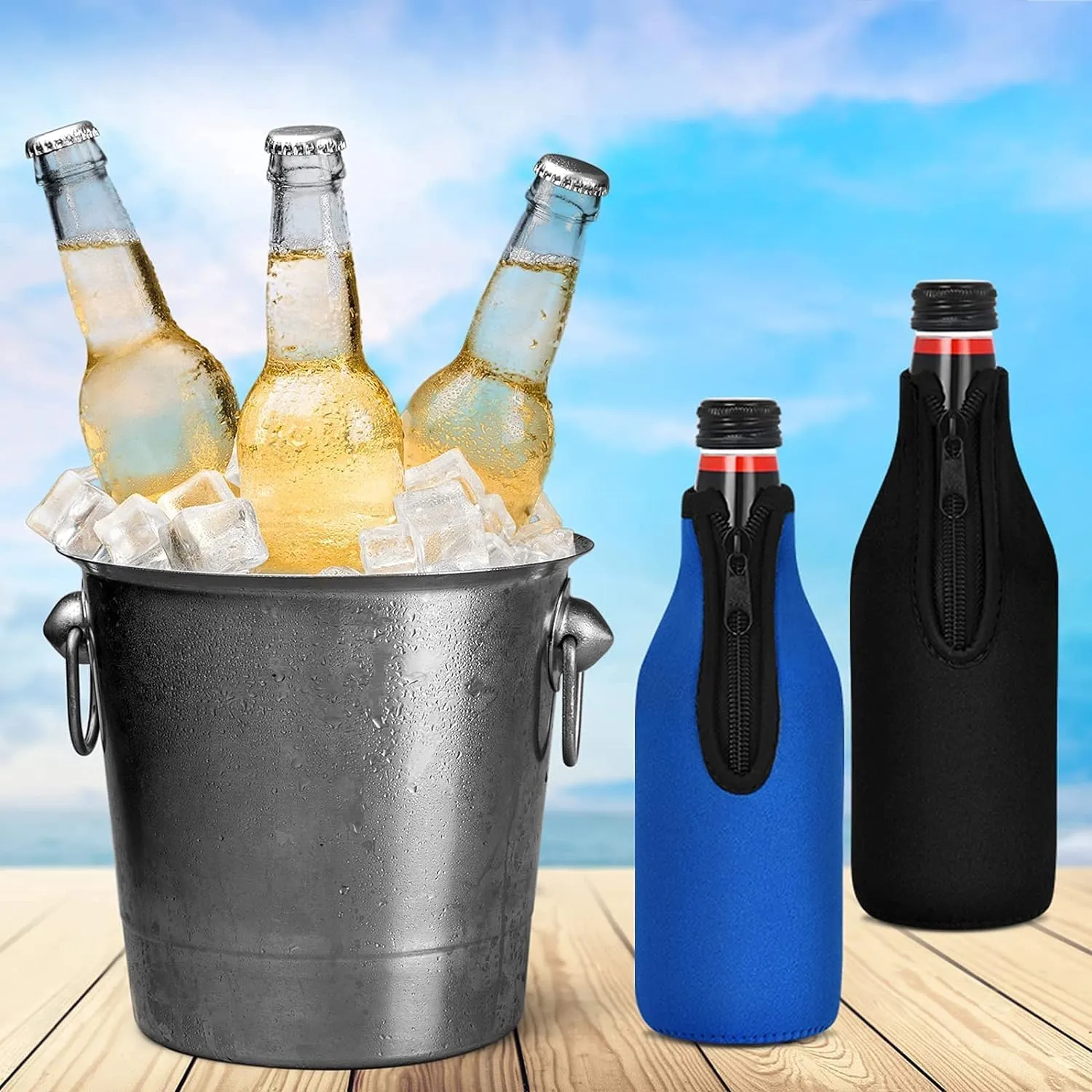 24 Pack Beer Bottle Cooler Sleeves Keep Drink Cold Zip-up Extra Thick Neoprene Insulated Sleeve Cover with Bottle Opener（24 Pack, Black)