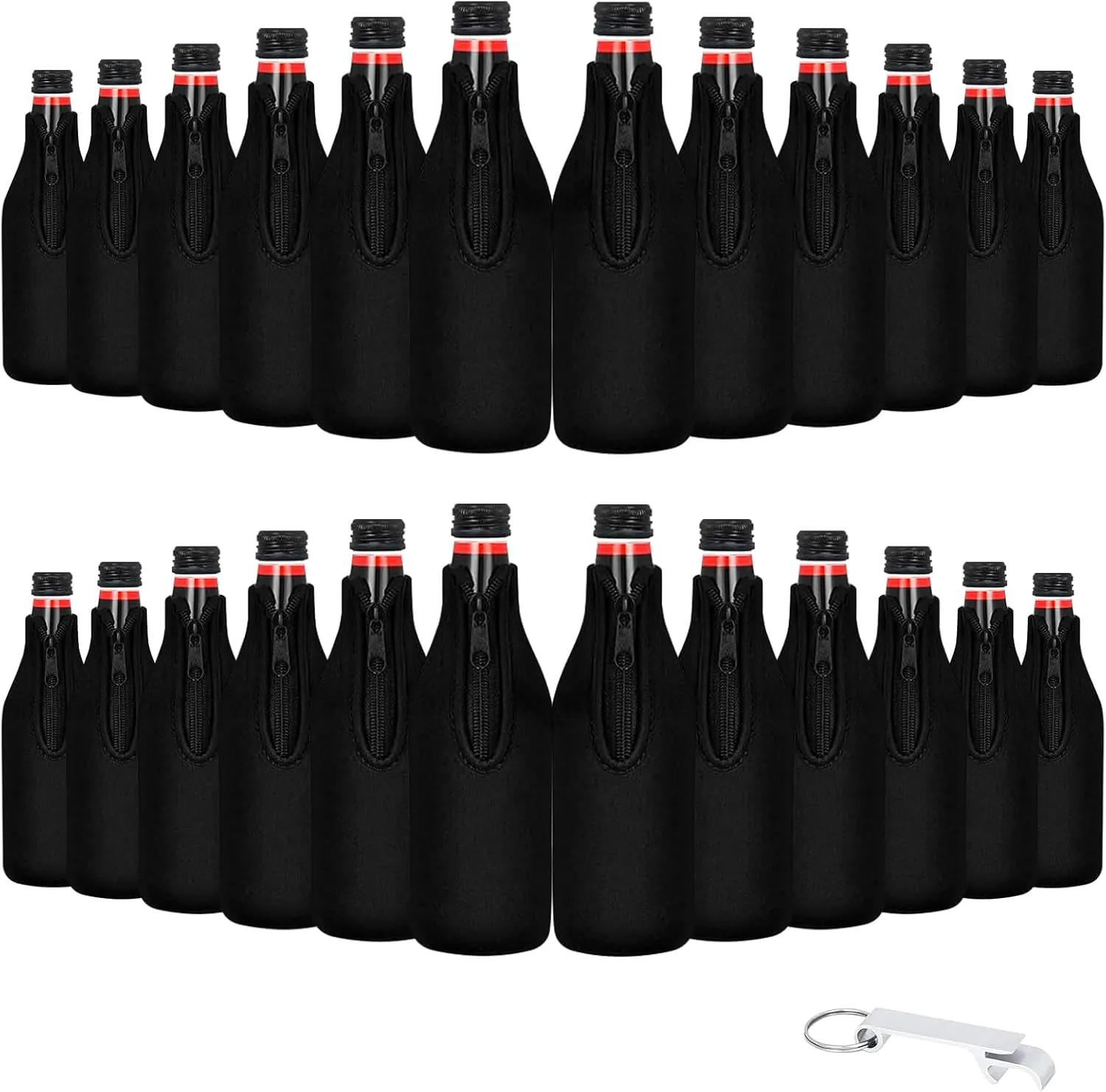 24 Pack Beer Bottle Cooler Sleeves Keep Drink Cold Zip-up Extra Thick Neoprene Insulated Sleeve Cover with Bottle Opener（24 Pack, Black)