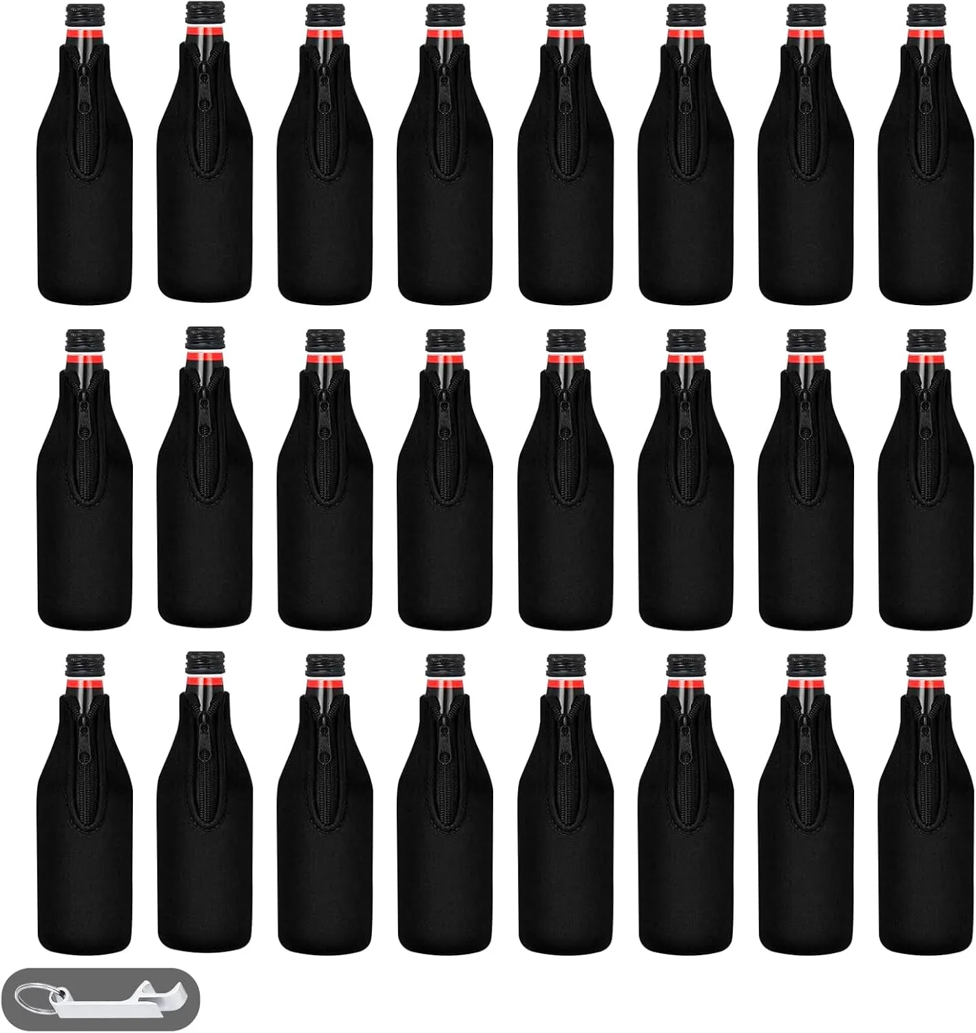 24 Pack Beer Bottle Cooler Sleeves Keep Drink Cold Zip-up Extra Thick Neoprene Insulated Sleeve Cover with Bottle Opener（24 Pack, Black)