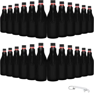 24 Pack Beer Bottle Cooler Sleeves Keep Drink Cold Zip-up Extra Thick Neoprene Insulated Sleeve Cover with Bottle Opener（24 Pack, Black)