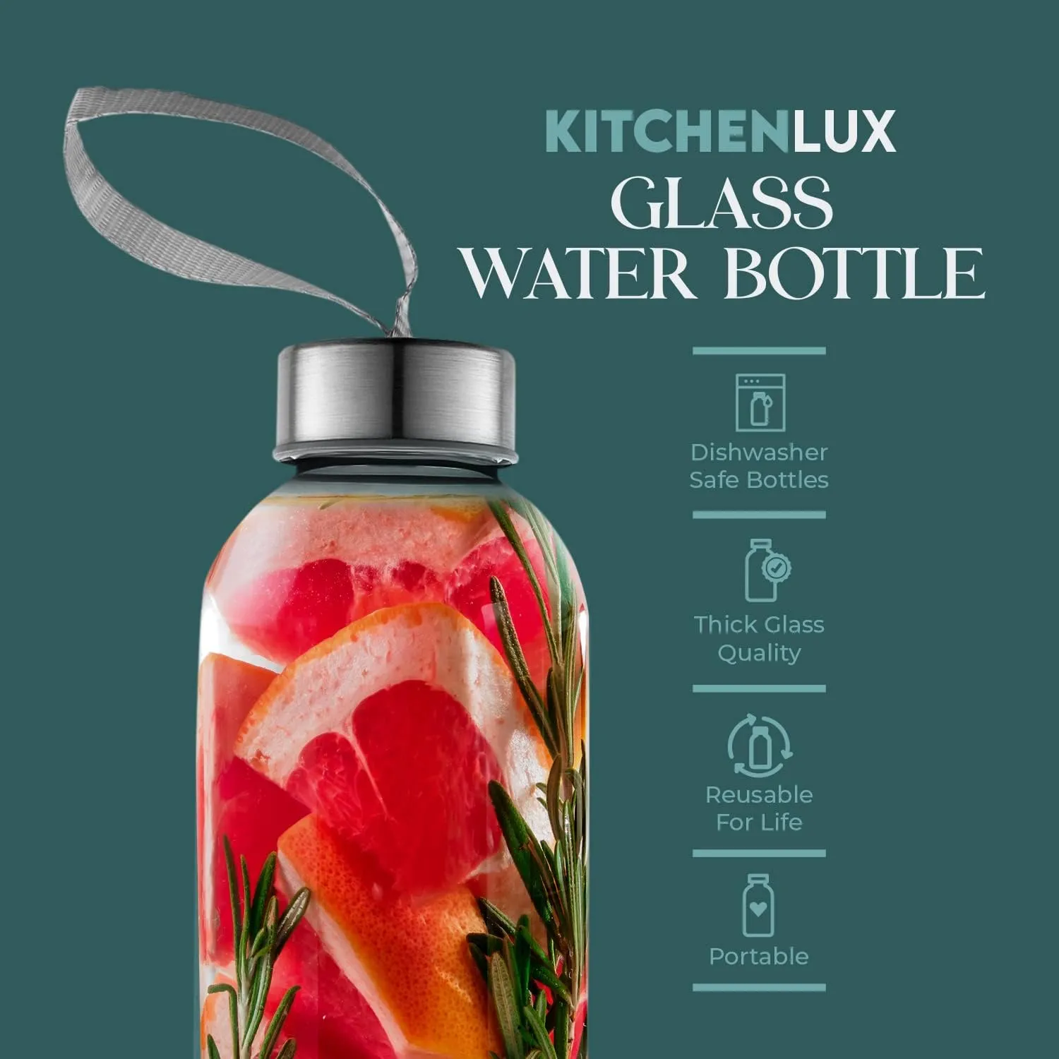 24oz Glass Water Bottles – Pack of 4 – Nylon Protective Sleeves, Airtight Screw Top Lids, Portable Carrying Loops - Lead, PVC and BPA Free - Water, Smoothie, Juicer, and Beverage Glasses