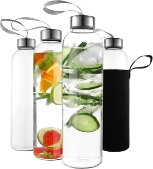 24oz Glass Water Bottles – Pack of 4 – Nylon Protective Sleeves, Airtight Screw Top Lids, Portable Carrying Loops - Lead, PVC and BPA Free - Water, Smoothie, Juicer, and Beverage Glasses