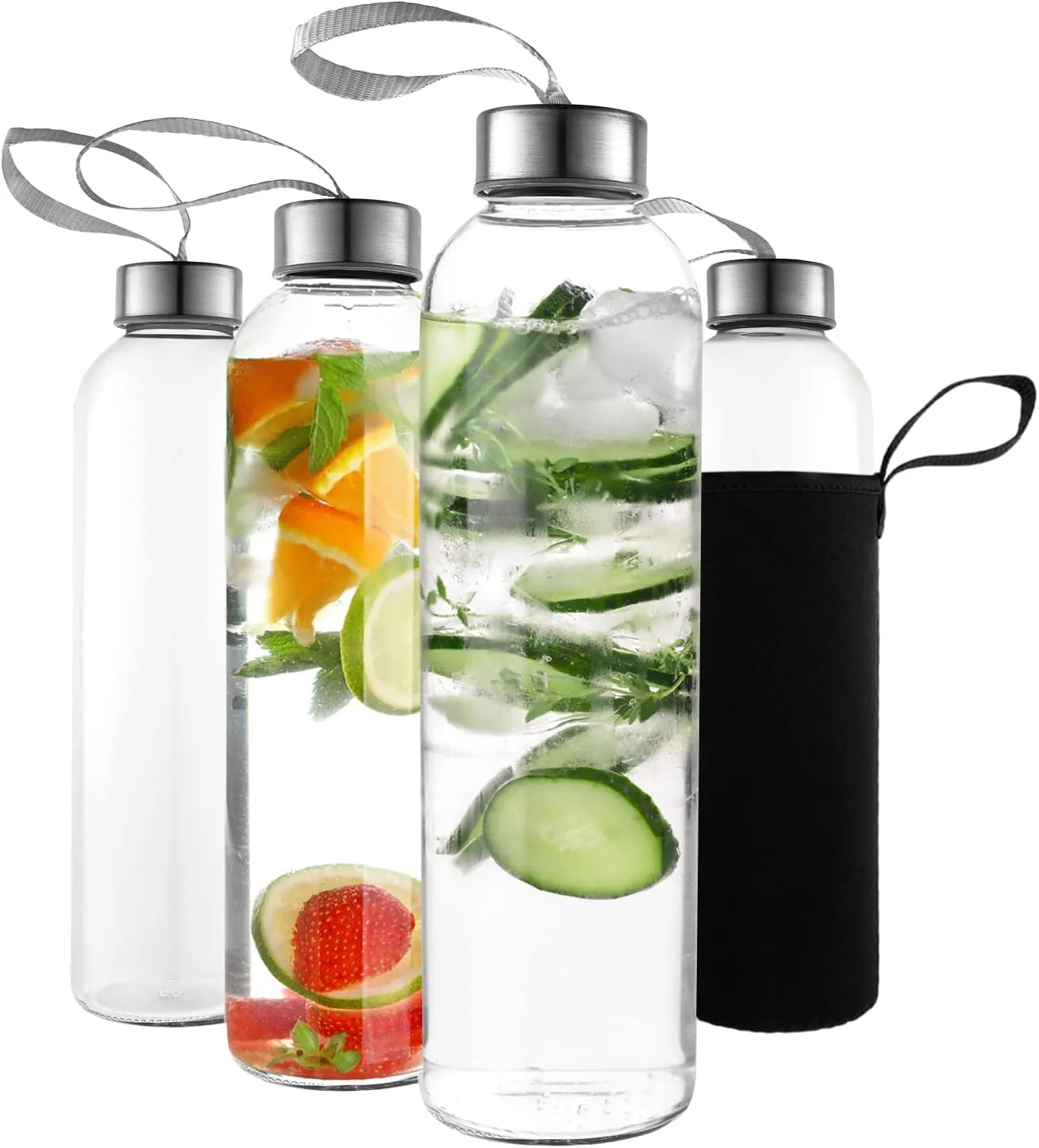24oz Glass Water Bottles – Pack of 4 – Nylon Protective Sleeves, Airtight Screw Top Lids, Portable Carrying Loops - Lead, PVC and BPA Free - Water, Smoothie, Juicer, and Beverage Glasses