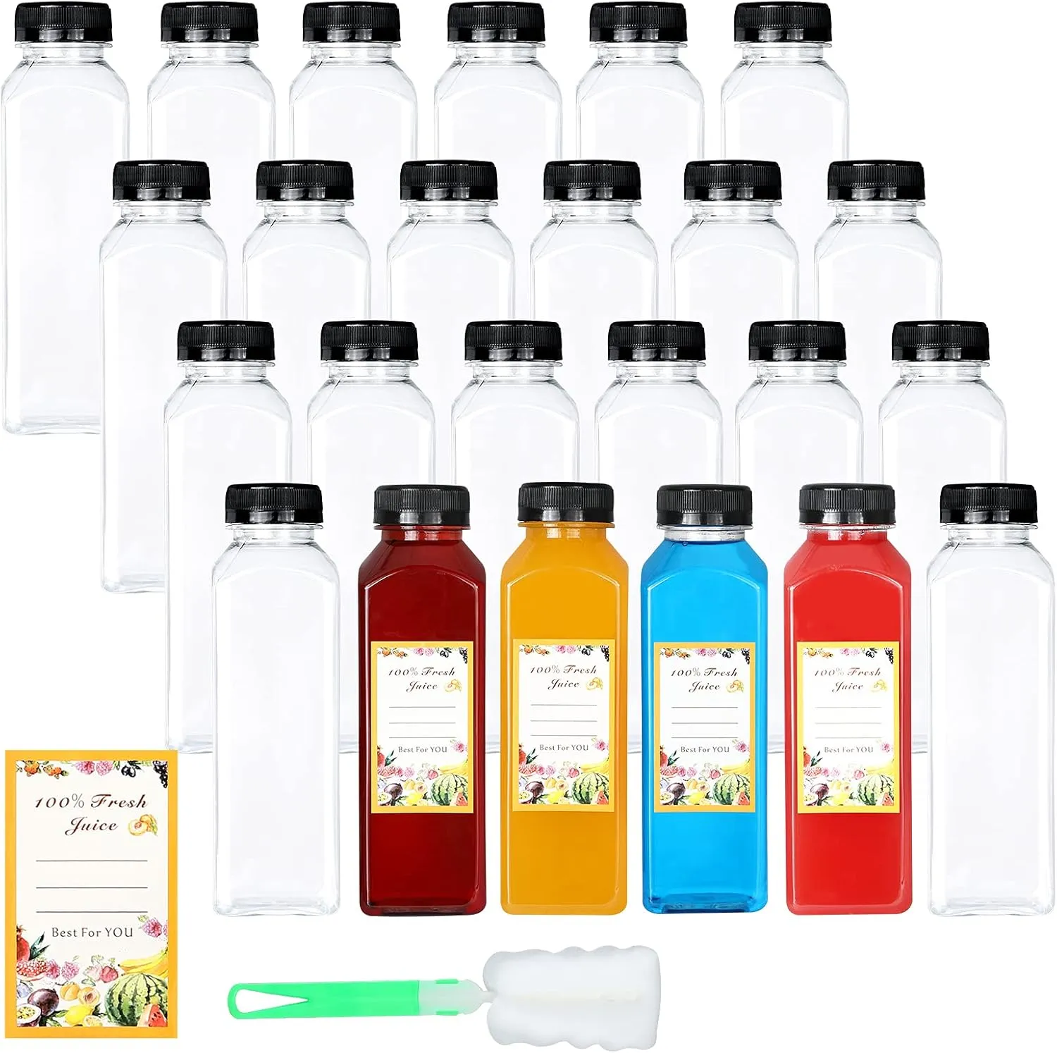 24Pcs12oz Empty Juice Bottles with Caps, Premium Reusable Plastic Bottles Juice Container Transparent Black Leak-proof Lids for Drink Juice Smoothie Milk Beverages Water