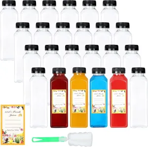 24Pcs12oz Empty Juice Bottles with Caps, Premium Reusable Plastic Bottles Juice Container Transparent Black Leak-proof Lids for Drink Juice Smoothie Milk Beverages Water