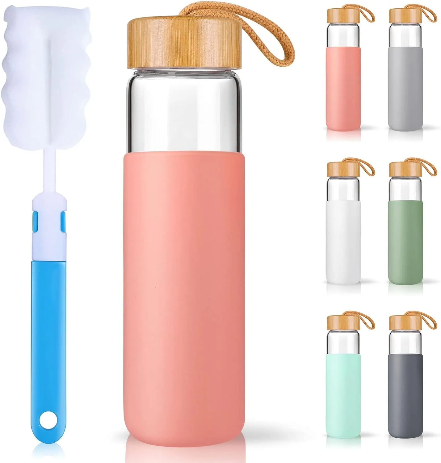 25 Oz Glass Water Bottle with Bamboo Lid - Borosilicate Glass Water Bottles with Sleeve, Wide Mouth and Dishwasher Safe Water Bottle Glass - Bonus 1x Brush
