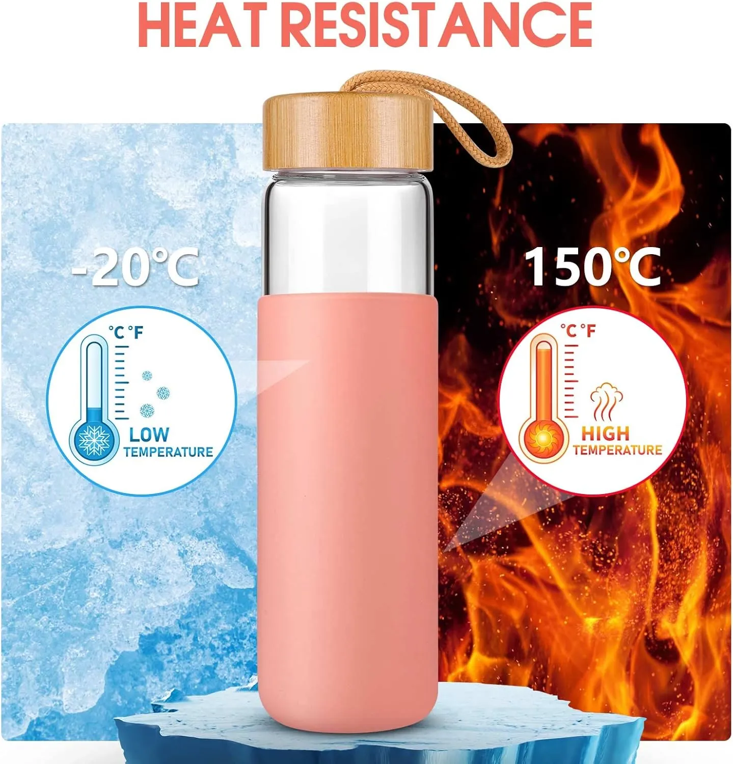 25 Oz Glass Water Bottle with Bamboo Lid - Borosilicate Glass Water Bottles with Sleeve, Wide Mouth and Dishwasher Safe Water Bottle Glass - Bonus 1x Brush
