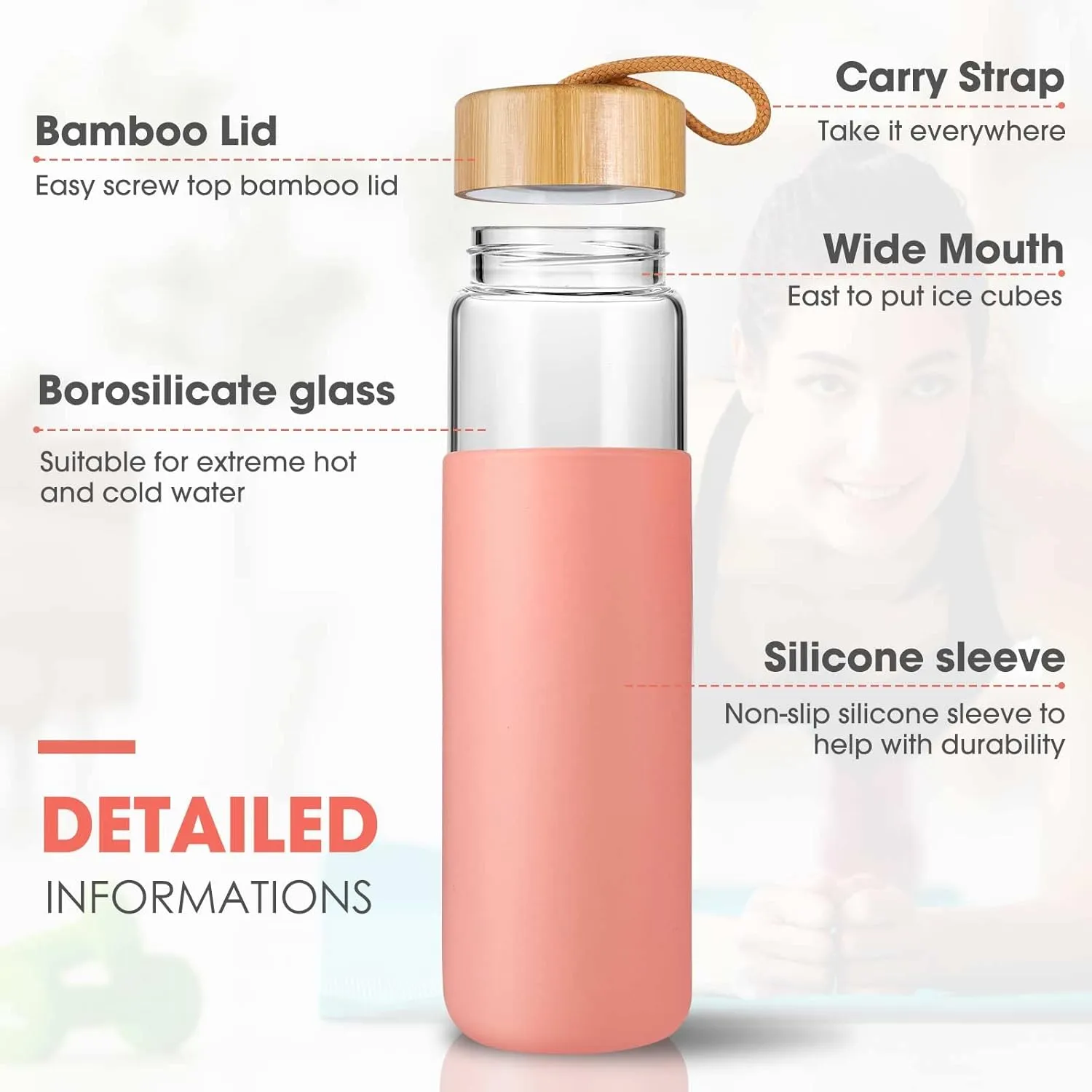 25 Oz Glass Water Bottle with Bamboo Lid - Borosilicate Glass Water Bottles with Sleeve, Wide Mouth and Dishwasher Safe Water Bottle Glass - Bonus 1x Brush
