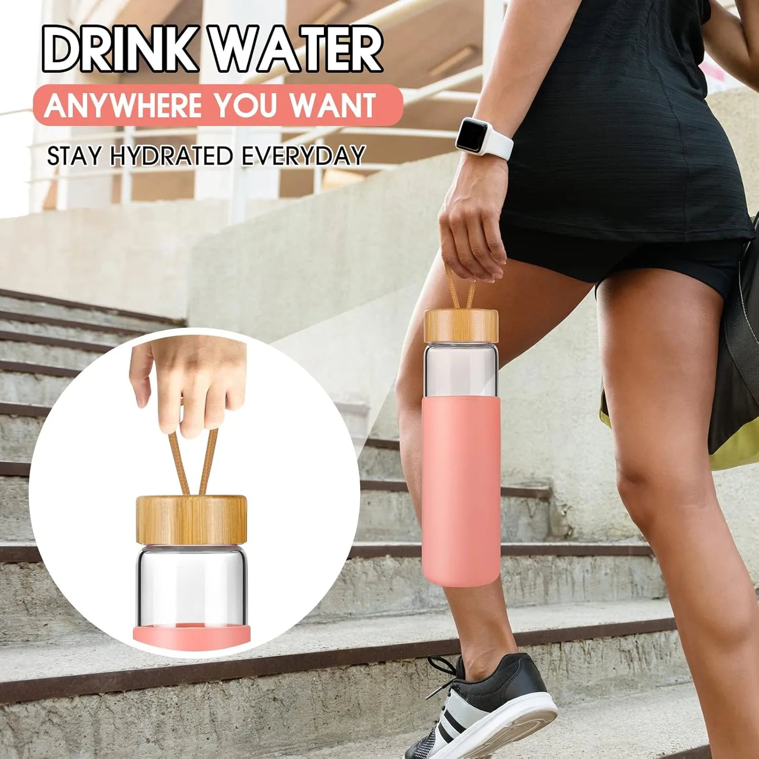25 Oz Glass Water Bottle with Bamboo Lid - Borosilicate Glass Water Bottles with Sleeve, Wide Mouth and Dishwasher Safe Water Bottle Glass - Bonus 1x Brush