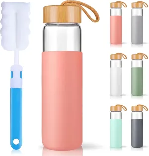25 Oz Glass Water Bottle with Bamboo Lid - Borosilicate Glass Water Bottles with Sleeve, Wide Mouth and Dishwasher Safe Water Bottle Glass - Bonus 1x Brush