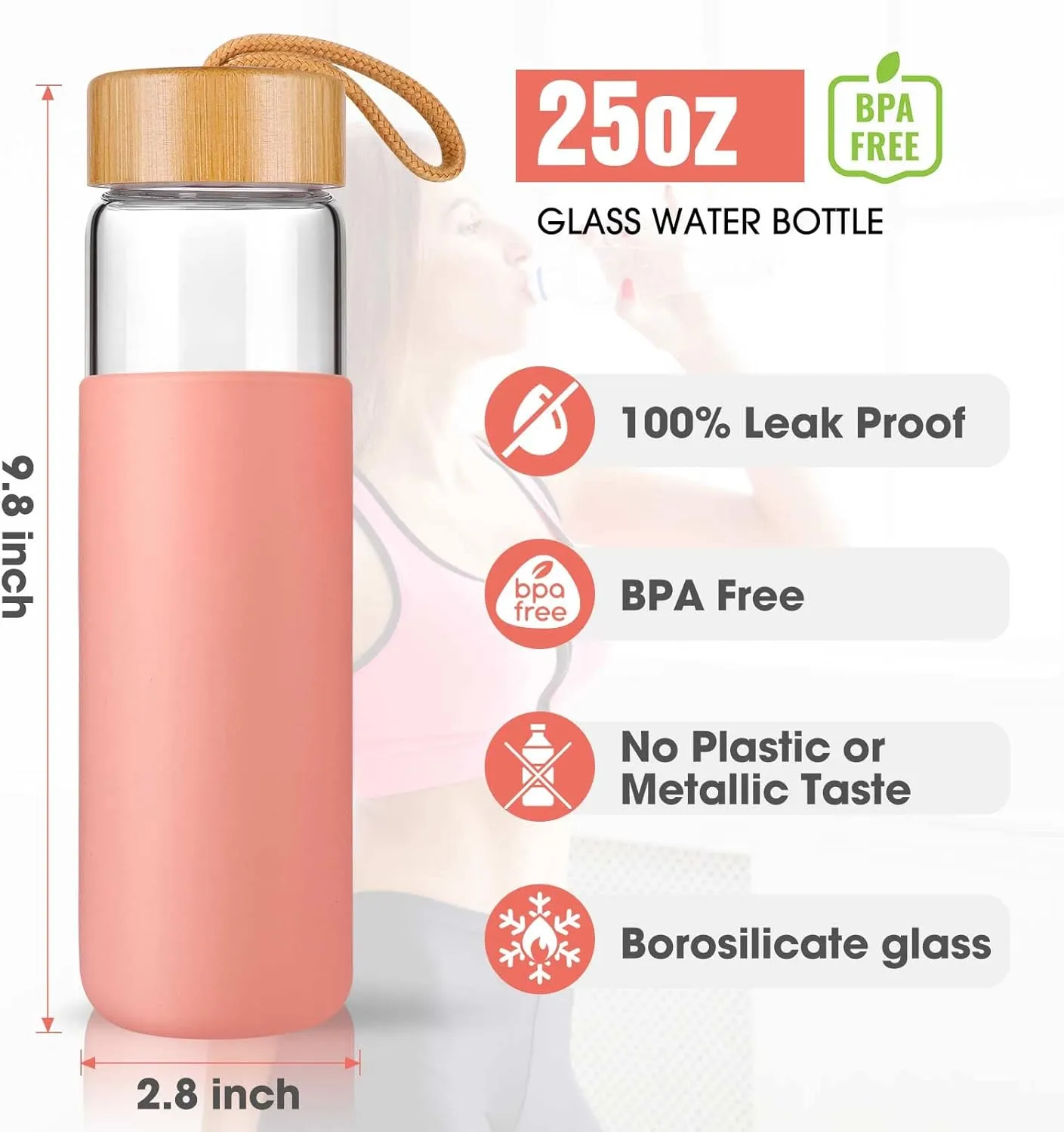 25 Oz Glass Water Bottle with Bamboo Lid - Borosilicate Glass Water Bottles with Sleeve, Wide Mouth and Dishwasher Safe Water Bottle Glass - Bonus 1x Brush