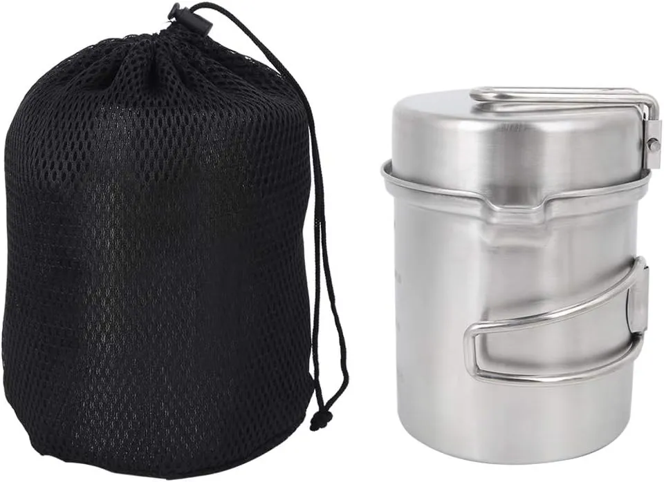 2pcs 304 Outdoor Portable Stainless Steel Cookware Set Pot Cooker, Stainless Steel Cooking Cup, Foldable Outdoor Camp Cook Pot Camping Cookware