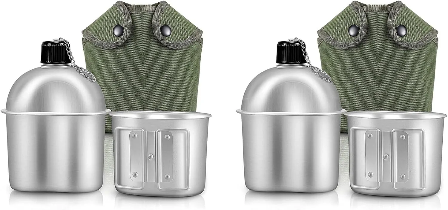 2X Outdoor Canteen Cookware Set Canteen Cup Portable Water Bottle with Grab Handle Cup for Outdoor Camping Hiking
