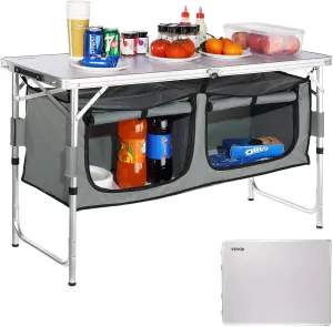 3 Adjustable Height Folding Outdoor Camp Cooking Table with Storage Organizer, Quick Set-up for Patio BBQ Picnic Glamping Traveling，Camping Kitchen Station