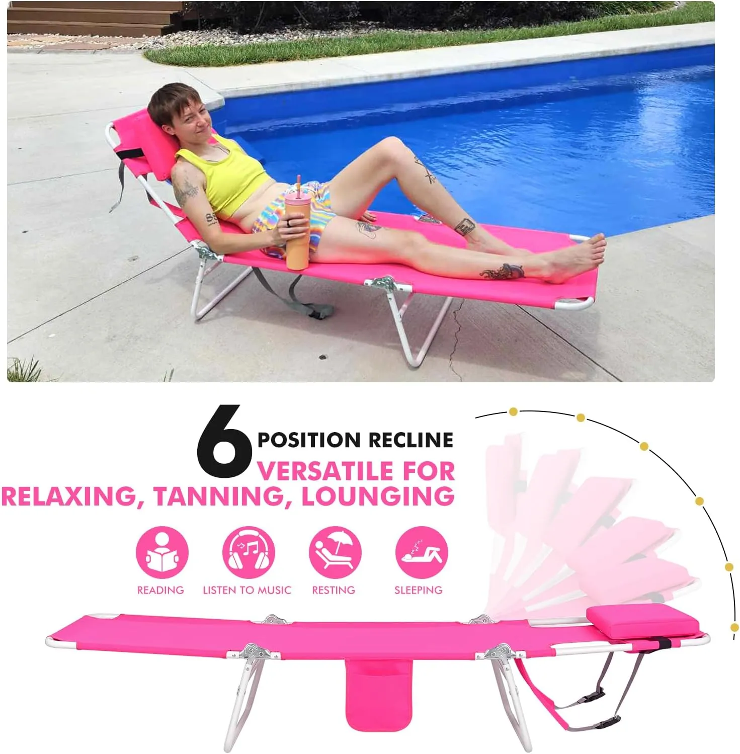 3 in 1 Women Comfort Backpack Tanning Beach Chair with Face Hole & Cushion | Portable Folding Lounge Sun Chair for Adults Outside Reading Sunbathing Poolside | Reclining 6 Position | 2 Pack | Pink