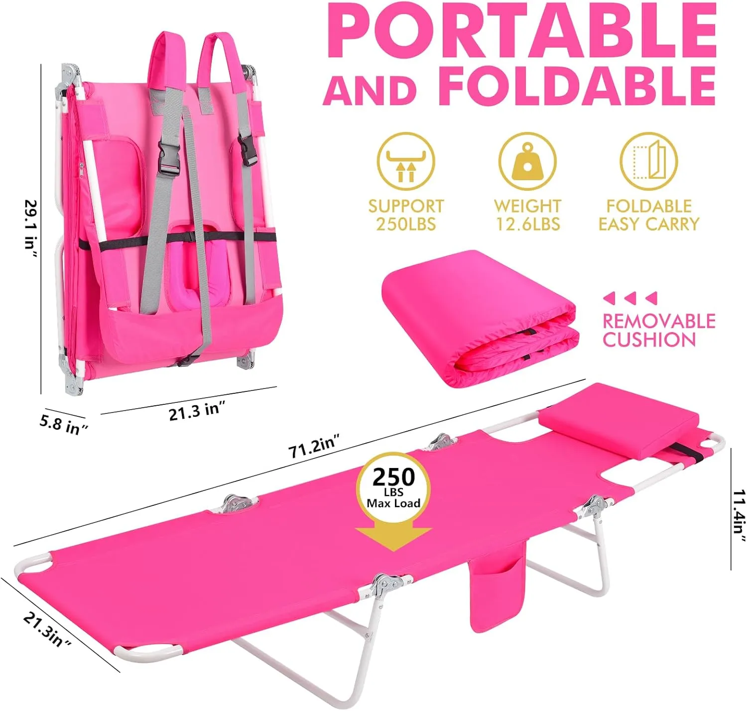 3 in 1 Women Comfort Backpack Tanning Beach Chair with Face Hole & Cushion | Portable Folding Lounge Sun Chair for Adults Outside Reading Sunbathing Poolside | Reclining 6 Position | 2 Pack | Pink