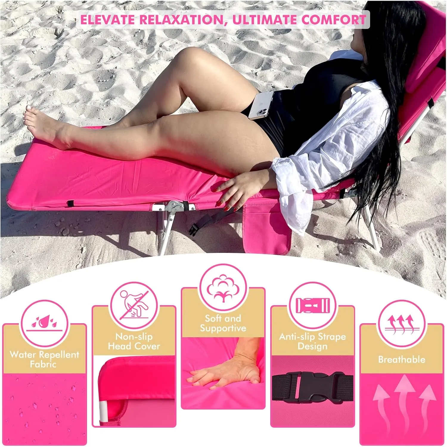 3 in 1 Women Comfort Backpack Tanning Beach Chair with Face Hole & Cushion | Portable Folding Lounge Sun Chair for Adults Outside Reading Sunbathing Poolside | Reclining 6 Position | 2 Pack | Pink