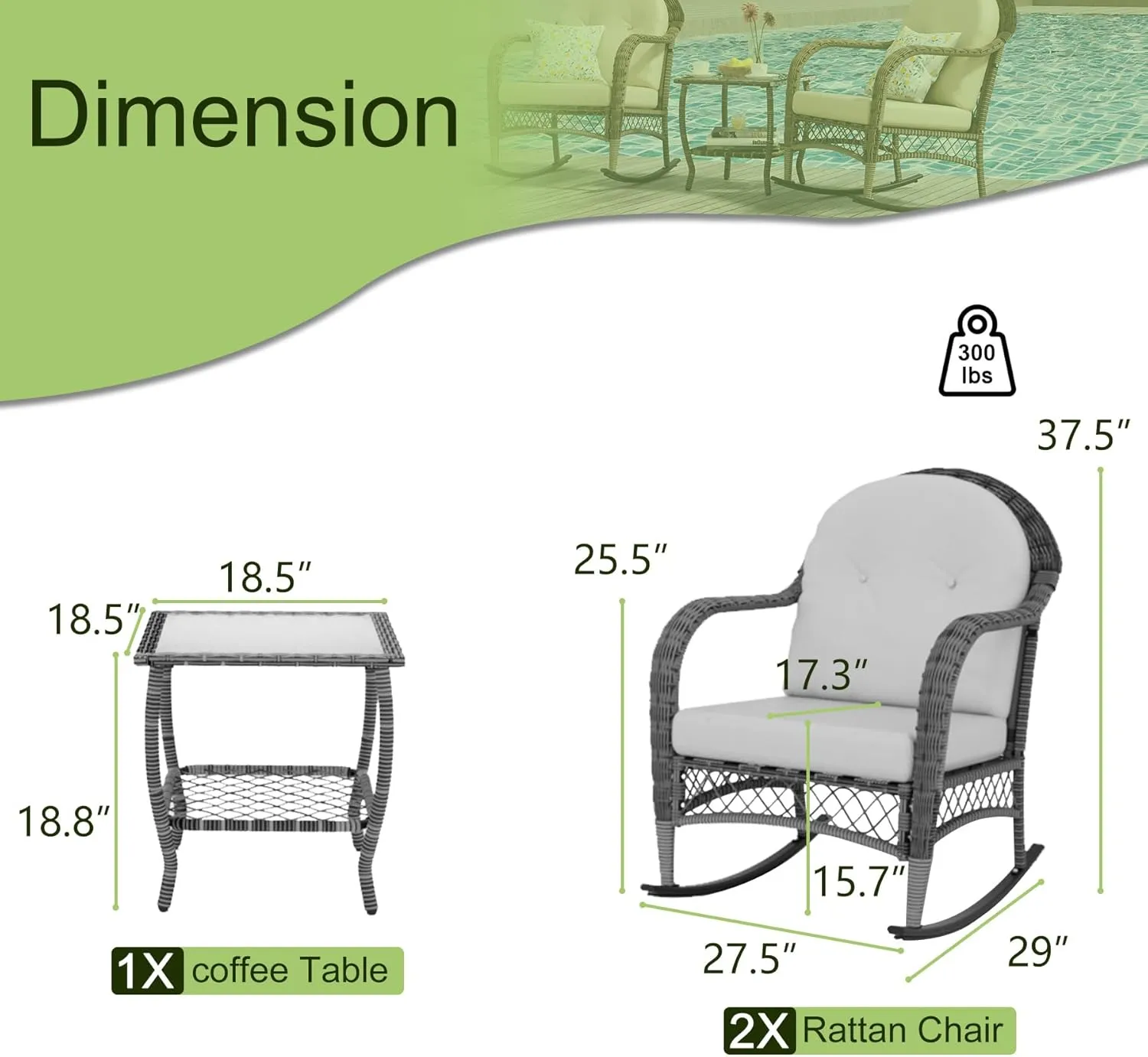 3 Pieces Patio Conversation Set, Lounge Rocking Chair with Cushion and Coffee Table, Wicker Bistro Set, Outdoor Furniture for Porch, Deck, Backyard, or Poolside, Beige
