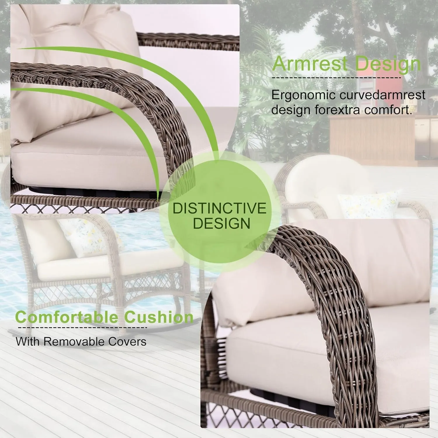 3 Pieces Patio Conversation Set, Lounge Rocking Chair with Cushion and Coffee Table, Wicker Bistro Set, Outdoor Furniture for Porch, Deck, Backyard, or Poolside, Beige