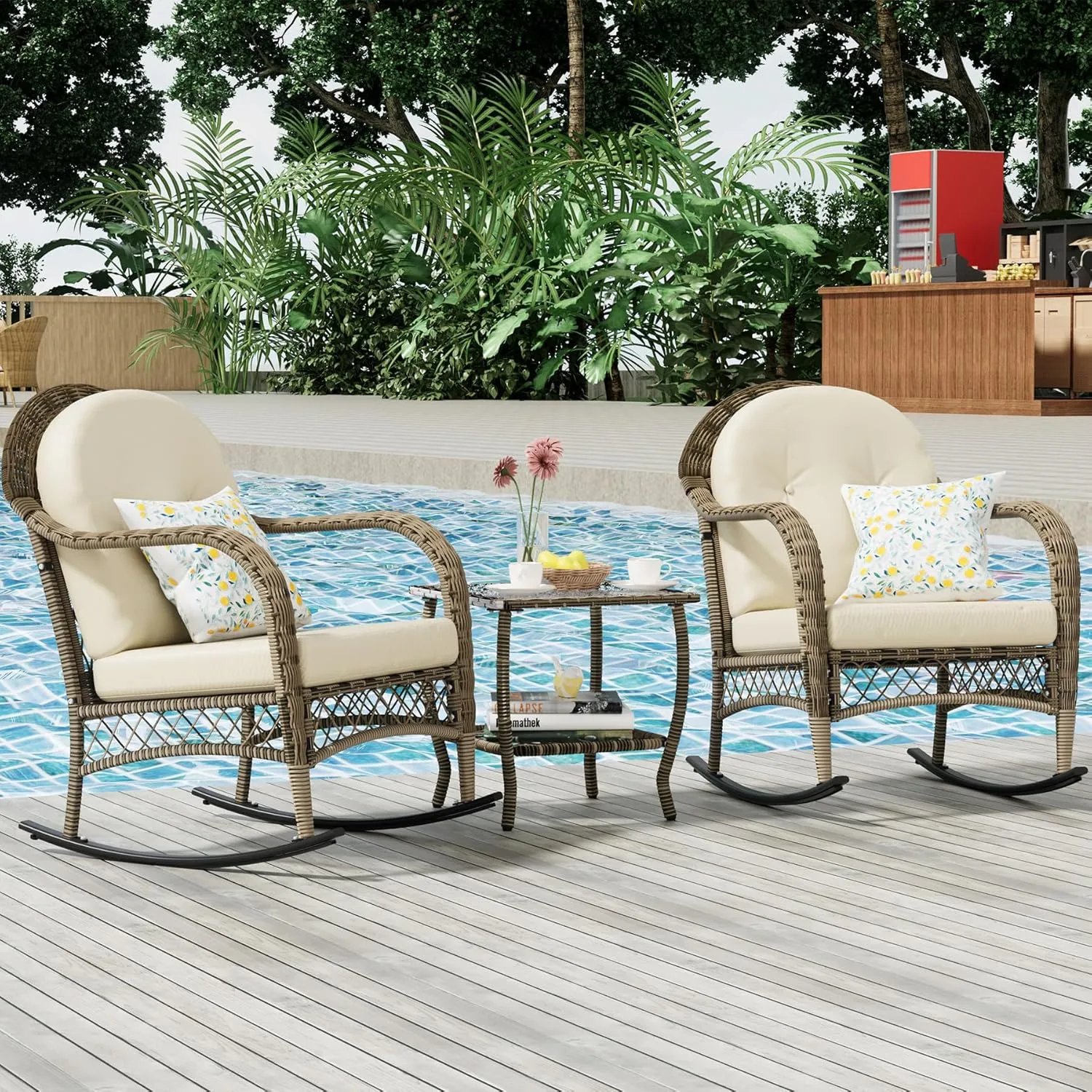 3 Pieces Patio Conversation Set, Lounge Rocking Chair with Cushion and Coffee Table, Wicker Bistro Set, Outdoor Furniture for Porch, Deck, Backyard, or Poolside, Beige