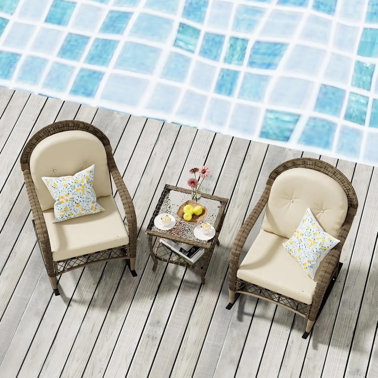 3 Pieces Patio Conversation Set, Lounge Rocking Chair with Cushion and Coffee Table, Wicker Bistro Set, Outdoor Furniture for Porch, Deck, Backyard, or Poolside, Beige