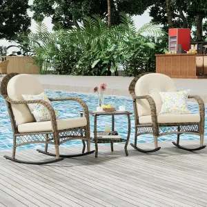 3 Pieces Patio Conversation Set, Lounge Rocking Chair with Cushion and Coffee Table, Wicker Bistro Set, Outdoor Furniture for Porch, Deck, Backyard, or Poolside, Beige