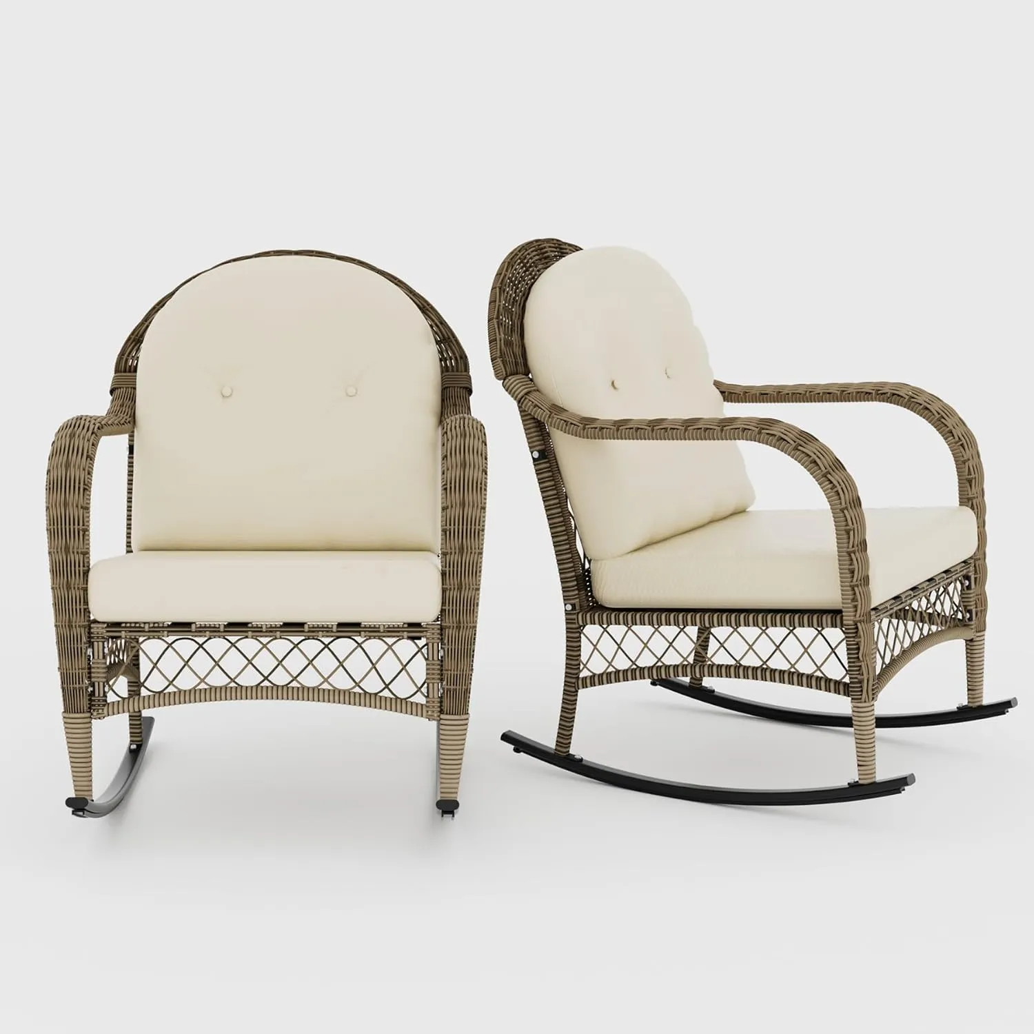 3 Pieces Patio Conversation Set, Lounge Rocking Chair with Cushion and Coffee Table, Wicker Bistro Set, Outdoor Furniture for Porch, Deck, Backyard, or Poolside, Beige