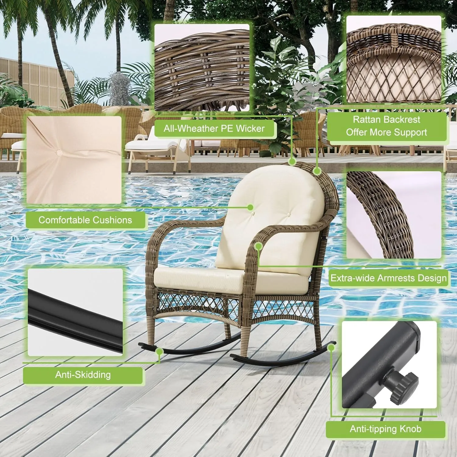 3 Pieces Patio Conversation Set, Lounge Rocking Chair with Cushion and Coffee Table, Wicker Bistro Set, Outdoor Furniture for Porch, Deck, Backyard, or Poolside, Beige