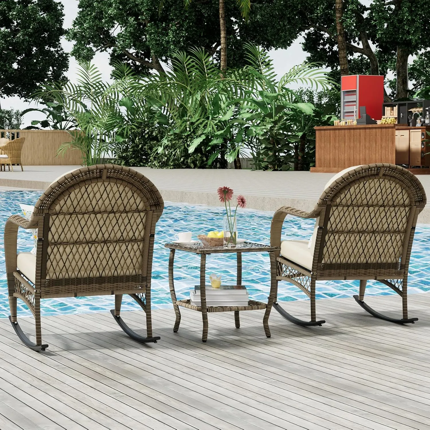 3 Pieces Patio Conversation Set, Lounge Rocking Chair with Cushion and Coffee Table, Wicker Bistro Set, Outdoor Furniture for Porch, Deck, Backyard, or Poolside, Beige