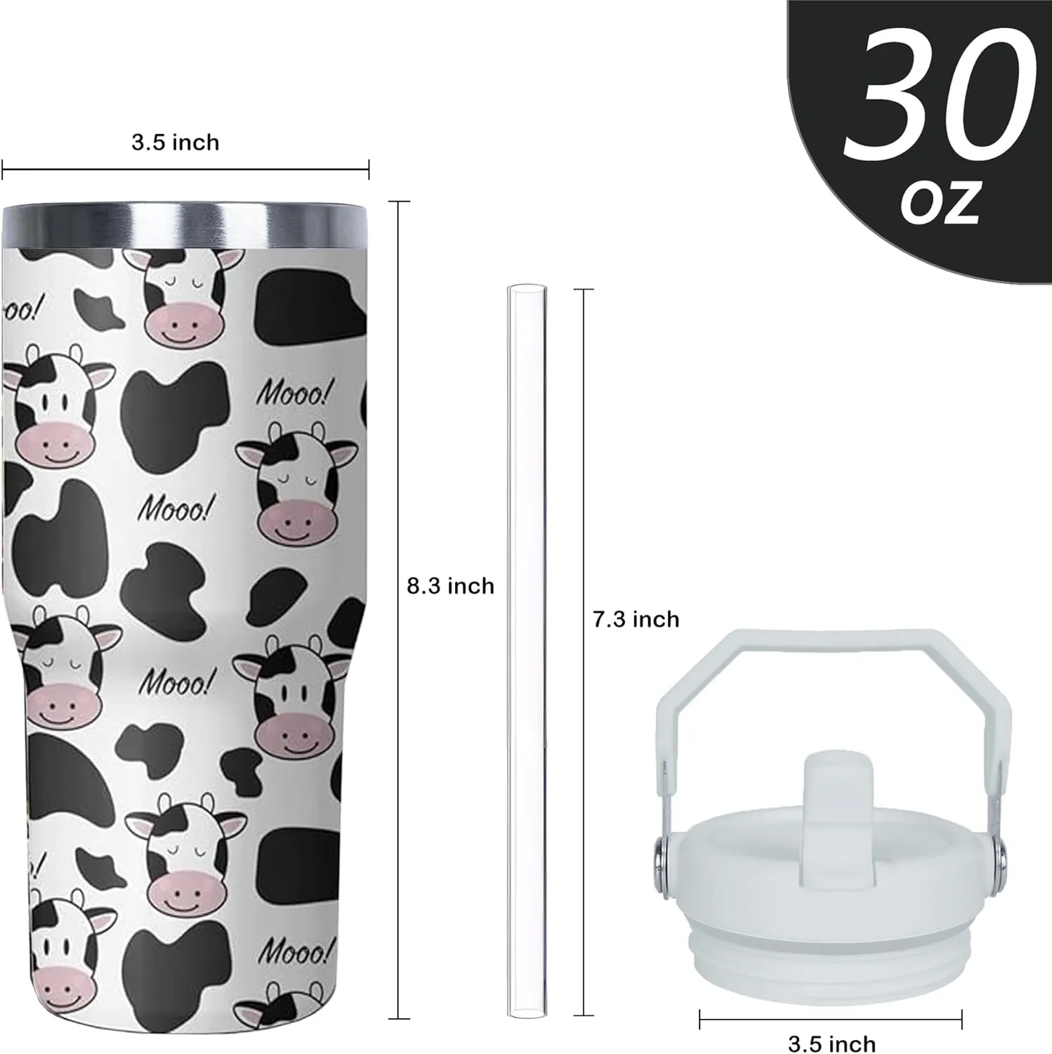 30 oz Cow Travel Tumbler with Handle and Flip Straw, Stainless Steel Insulated Cup with Lid and Straw,Travel Coffee Mug Water Bottle,Christmas Birthday Mothers Day Gifts for Women Animal Lovers