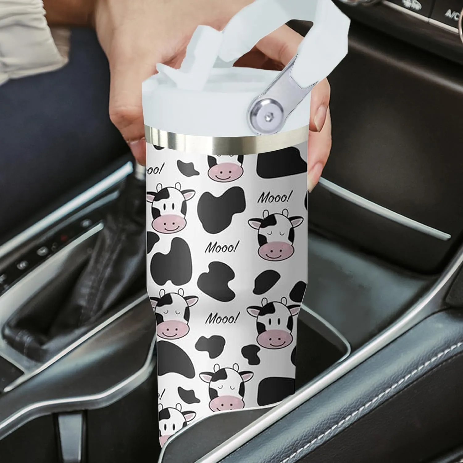 30 oz Cow Travel Tumbler with Handle and Flip Straw, Stainless Steel Insulated Cup with Lid and Straw,Travel Coffee Mug Water Bottle,Christmas Birthday Mothers Day Gifts for Women Animal Lovers
