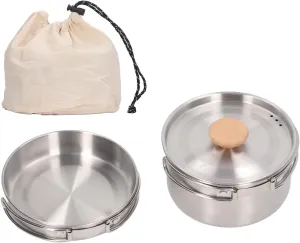 304 Stainless Steel Portable Camping Cookware Set with 1.4L Pot and 0.7L Skillet Including Storage Bag for Outdoor Adventures