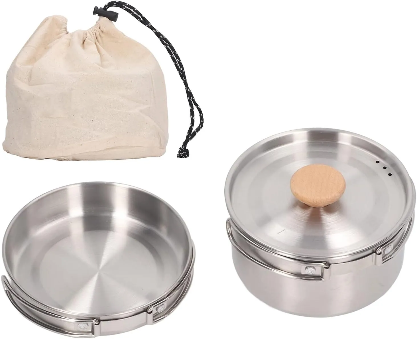 304 Stainless Steel Portable Camping Cookware Set with 1.4L Pot and 0.7L Skillet Including Storage Bag for Outdoor Adventures