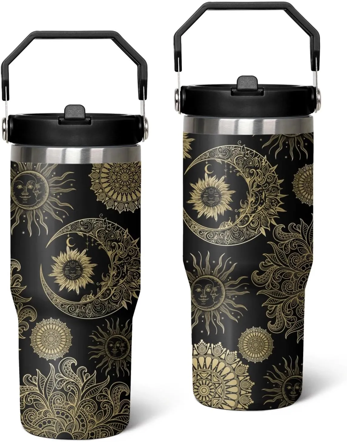 30oz Insulated Sun and Moon Tumbler with Handle, Featuring a Leak-proof 2-in-1 Lid and Straw,Vacuum-insulated Travel Coffee Mug, Portable Stainless Steel Water Bottle, Suitable for Both Women and Men