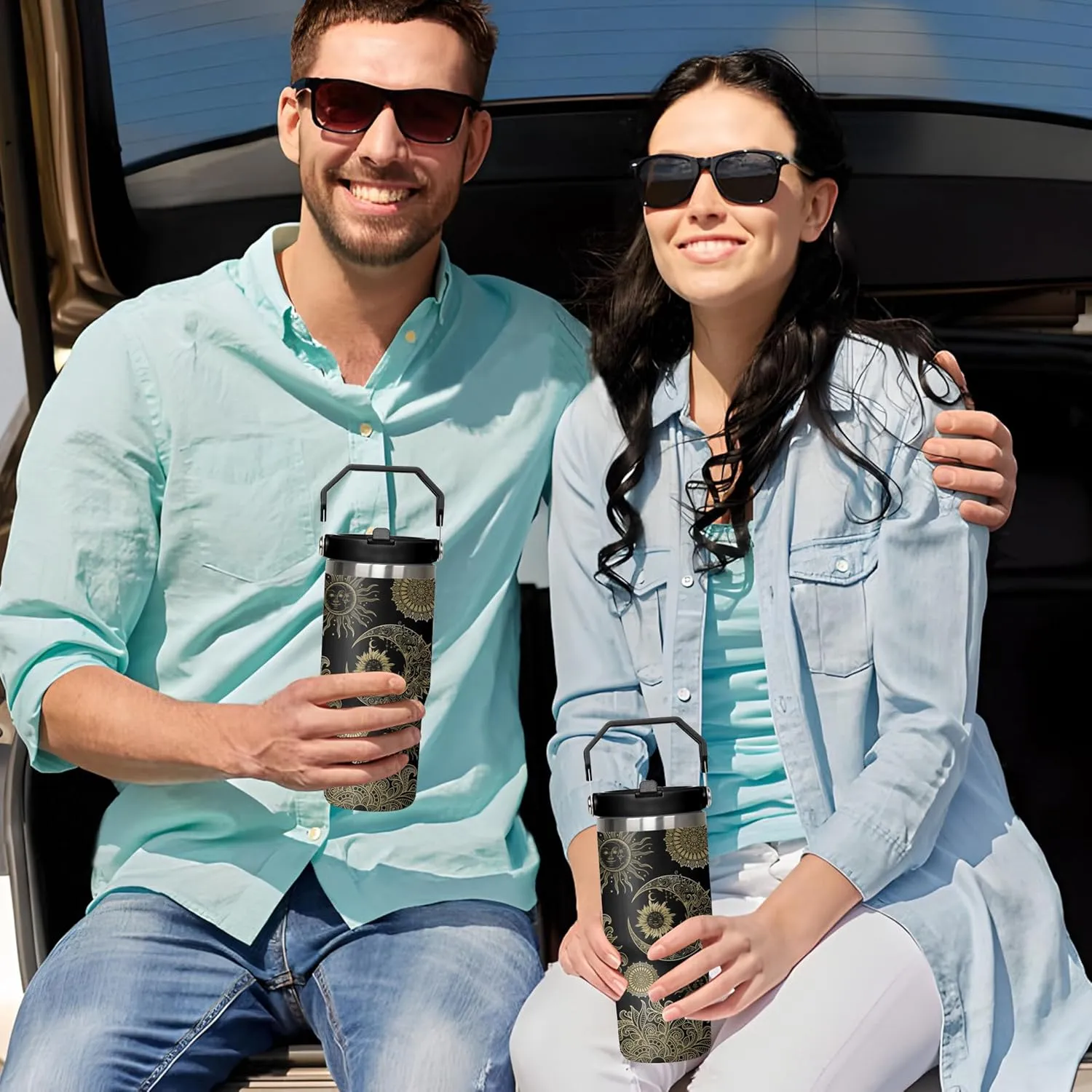30oz Insulated Sun and Moon Tumbler with Handle, Featuring a Leak-proof 2-in-1 Lid and Straw,Vacuum-insulated Travel Coffee Mug, Portable Stainless Steel Water Bottle, Suitable for Both Women and Men