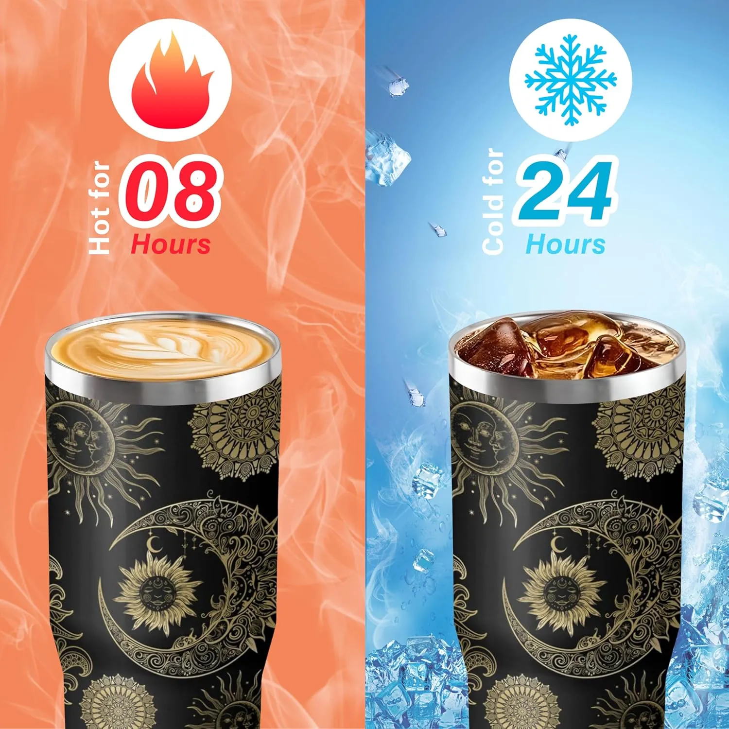 30oz Insulated Sun and Moon Tumbler with Handle, Featuring a Leak-proof 2-in-1 Lid and Straw,Vacuum-insulated Travel Coffee Mug, Portable Stainless Steel Water Bottle, Suitable for Both Women and Men