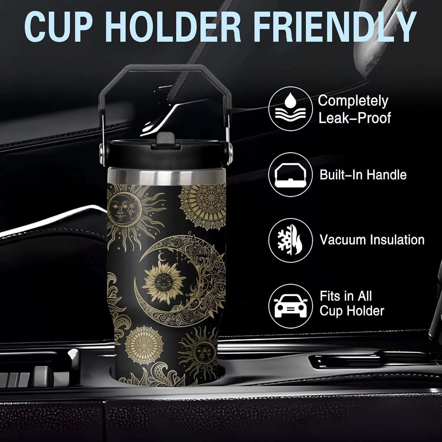 30oz Insulated Sun and Moon Tumbler with Handle, Featuring a Leak-proof 2-in-1 Lid and Straw,Vacuum-insulated Travel Coffee Mug, Portable Stainless Steel Water Bottle, Suitable for Both Women and Men