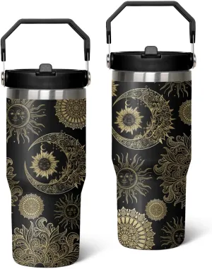 30oz Insulated Sun and Moon Tumbler with Handle, Featuring a Leak-proof 2-in-1 Lid and Straw,Vacuum-insulated Travel Coffee Mug, Portable Stainless Steel Water Bottle, Suitable for Both Women and Men