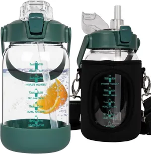 32 oz Glass Water Bottle with Straw and Time Marker, Large Motivational Borosilicate Glass Drinking Bottle with Silicone Boot and Sleeve