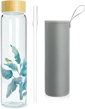 32 oz Glass Water Bottle with Straw, Wide Mouth Borosilicate Glass Bottle with Bamboo Lid and Neoprene Sleeve
