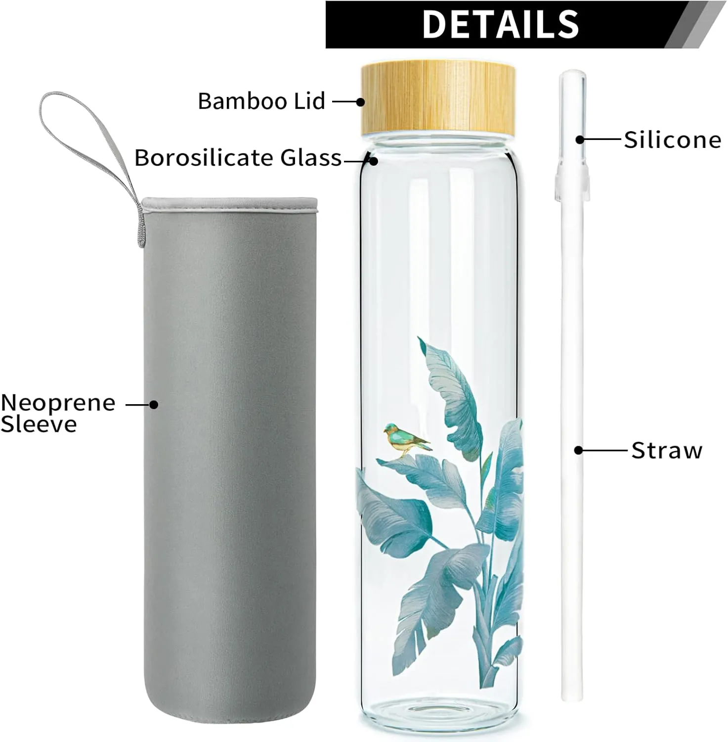 32 oz Glass Water Bottle with Straw, Wide Mouth Borosilicate Glass Bottle with Bamboo Lid and Neoprene Sleeve