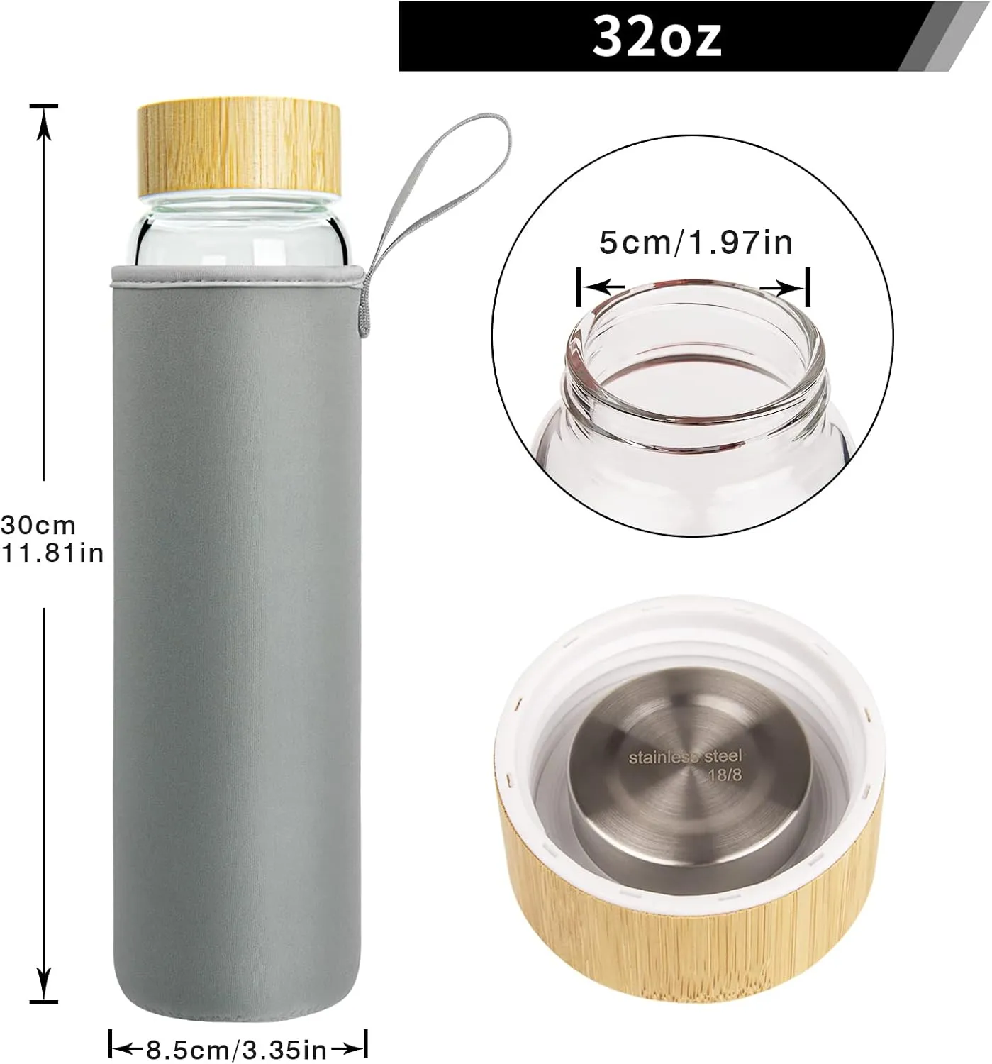 32 oz Glass Water Bottle with Straw, Wide Mouth Borosilicate Glass Bottle with Bamboo Lid and Neoprene Sleeve