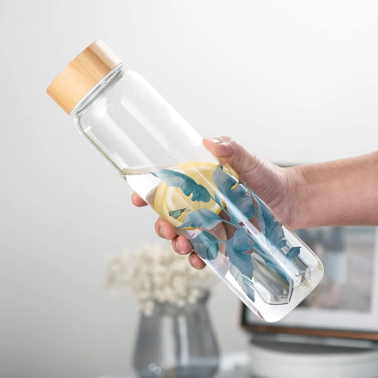 32 oz Glass Water Bottle with Straw, Wide Mouth Borosilicate Glass Bottle with Bamboo Lid and Neoprene Sleeve