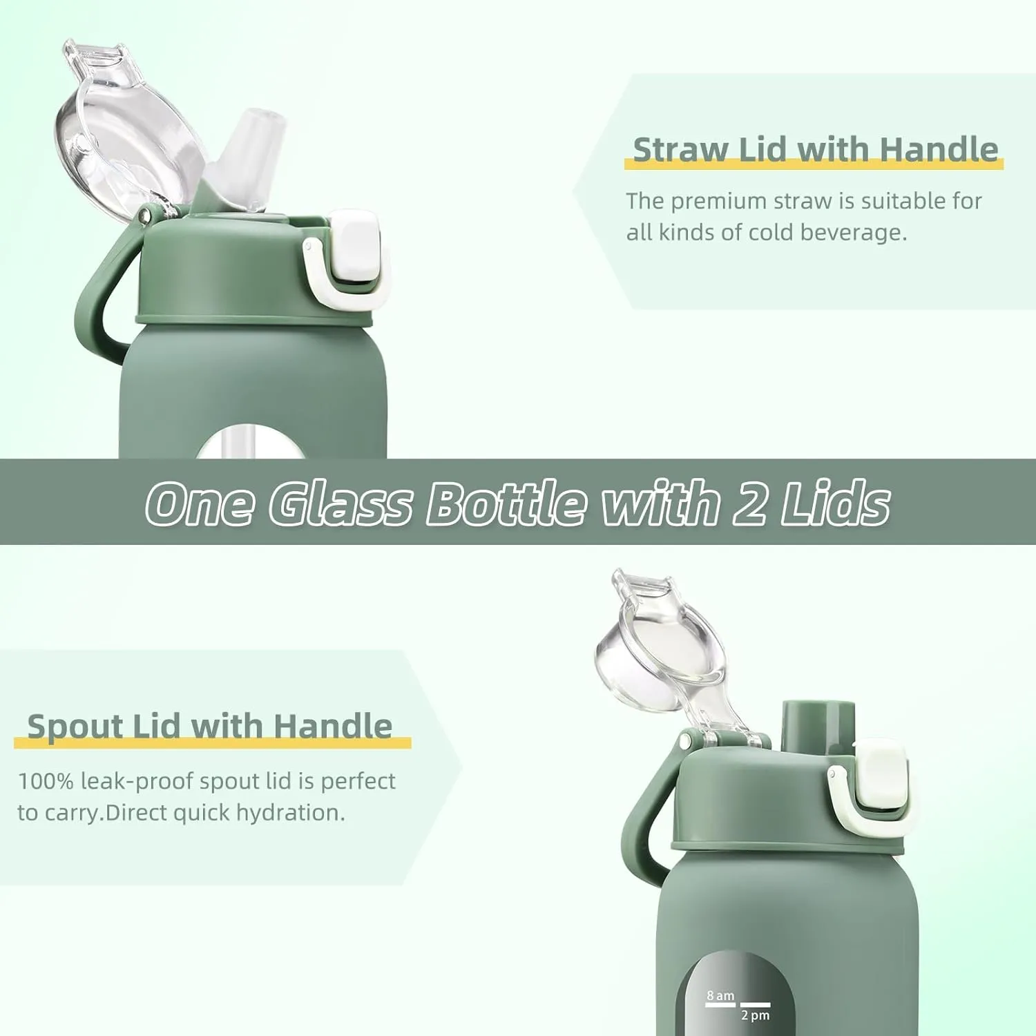 32 oz Glass Water Bottles with 2 Lids-Handle Spout Lid & Straw Lid, 1 Liter Motivational Borosilicate Water Bottle with Time Marker and Silicone Sleeve,Leakproof-Olive-1 Pack